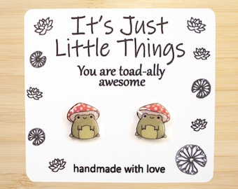 Cute Frog Earrings, Frog Earrings, Kawaii Earrings, Mushroom Earrings, Unique Earrings, Cute Earrings, Funny Earrings, Mushroom Decor.
