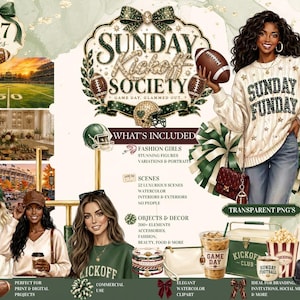 Puede incluir: Un paquete de diseño gráfico digital titulado Sunday Kickoff Society que incluye ilustraciones de personas con ropa de fútbol americano, escenas de estadios y elementos decorativos como balones, pompones, una nevera y aperitivos.