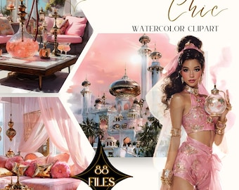 I Dream of Jeannie Clipart: Retro 60s Genie, Pink & Gold (PNG Bundle)