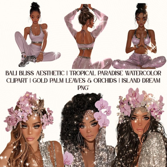 Bali Bliss Aesthetic | Tropical Paradise Watercolor Clipart | Gold Palm Leaves & Orchids | Island Dream PNG