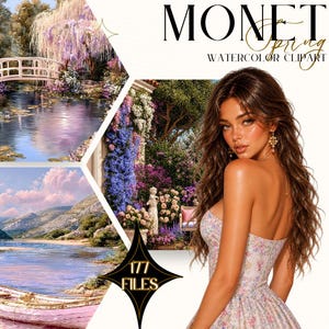 May include: Digital watercolor clipart titled "Monet Spring." The image features a woman in a floral dress, and a collage of landscape paintings with a bridge over a pond, a boat on a lake, and a garden.