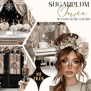 Könnte beinhalten: Ein digitales Aquarell-Clipart-Set mit dem Titel "Sugarplum Soiree" mit einer Collage von Balletttänzerinnen, einem weißen Klavier, einer Frau mit Blumenkopfschmuck und einem Nussknacker. Das Bild hat eine weiche, elegante Ästhetik.