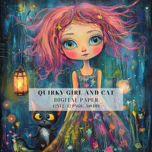 Fille décalée et chat des cliparts | Folklore céleste bohème PNG | Art fantaisiste pour journaux indésirables, fabrication de cartes, scrapbooking, usage commercial