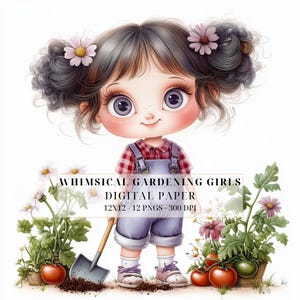 Clipart de jardinage lunatique filles | Aquarelle printanière PNG | Jolie fille fleurie | Carnets de broussailles, travaux manuels créatifs, scrapbooking, usage commercial