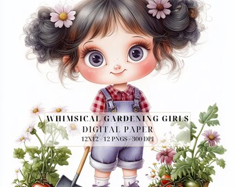 Quirky Gardening Girls Clipart | Watercolor Spring Floral PNG for Junk Journals, Scrapbooking & DIY Crafts