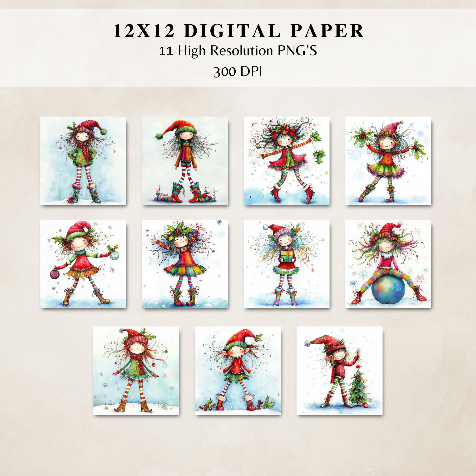 Whimsical Christmas Elves Clipart PNG | Festive Girl Elf Digital Art ...
