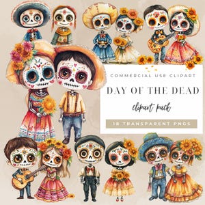 Skurriles Day of the Dead Aquarell Clipart Set - festliche mexikanische Sugar Skull Kunst, bunte Clip Art Dia de Los Muertos, Kommerzielle Nutzung