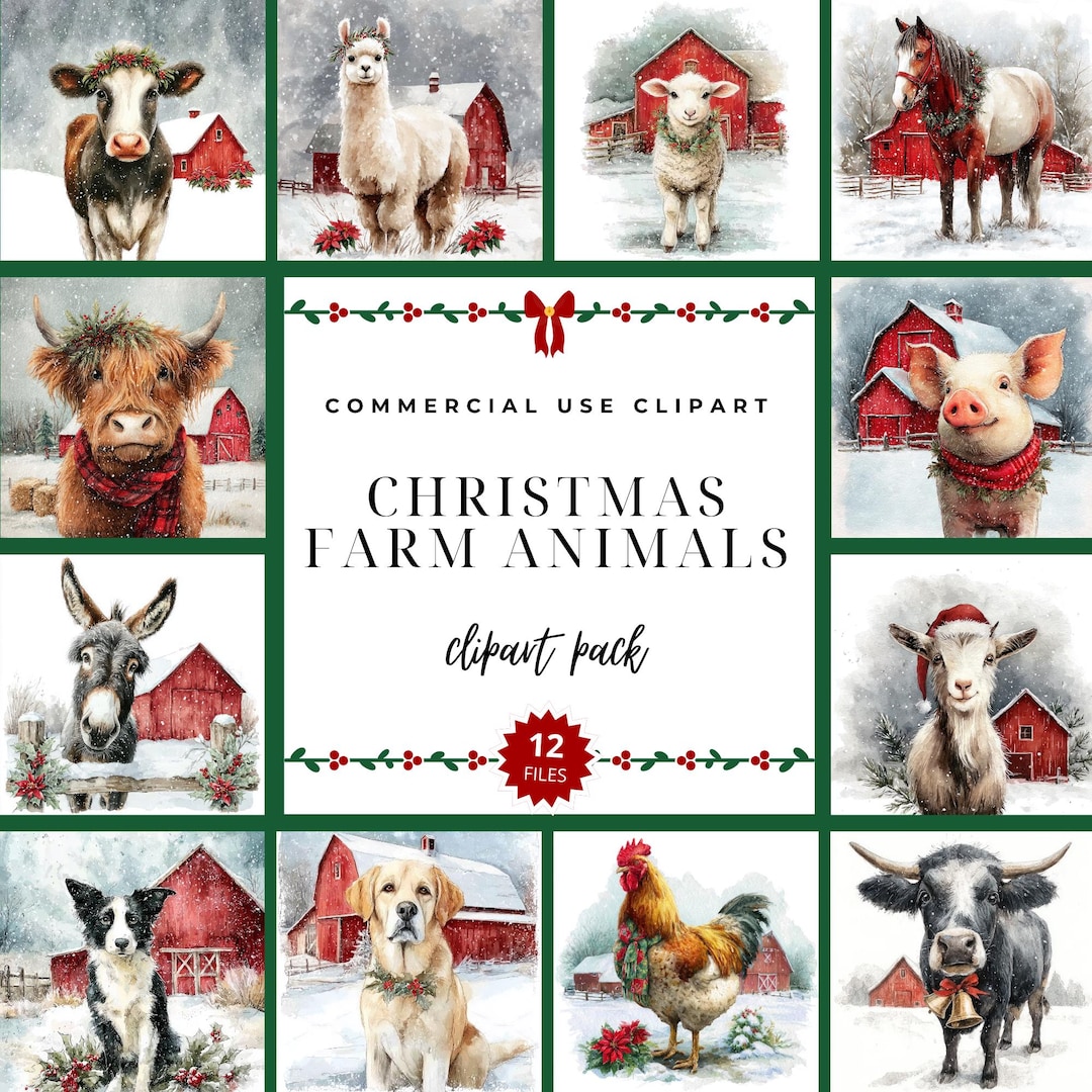 Watercolor Christmas Farm Animals Clipart | Rustic Barnyard PNG ...
