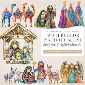 Aquarel kerststal clipart | Heilige Familie | 3 koningen | Engelen | Commercieel gebruik | Christelijke bijbelkunst | Religieuze kerstillustratie