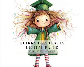 May include: A digital paper featuring a cartoon illustration of a girl wearing a green graduation gown and cap. Her hair is a rainbow of colors and she is smiling. The text "QUIRKY GRADUATES DIGITAL PAPER 12X12 - 12 PNGS 300 DPI" is at the bottom of the image.