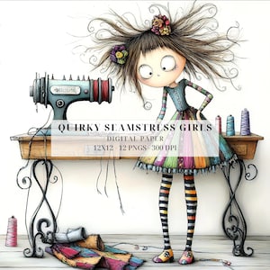 Quirky Seamstress Clipart | Whimsical Sewing Girls PNG | Junk Journals, Scrapbooking, Card Making | Sew Fun Digital Download, Commercial Use
