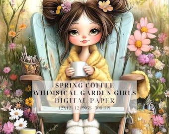 Quirky Coffee Girls Clipart | Watercolor Coffee Lady PNG for Scrapbooking & DIY Crafts