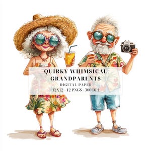 Aquarelle originale et fantaisiste des grands-parents | Couple de vacances d'été PNG | Bricolage, scrapbooking, journaux indésirables, usage commercial