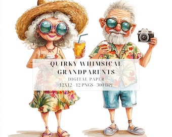 Quirky Whimsical Grandparents Watercolor Clipart | Summer Vacation Couple PNG | DIY Crafts, Scrapbooking, Junk Journals, Commercial Use