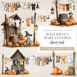 Op de afbeelding: Waterverfillustratie van Halloween-babykleding, inclusief rompertjes en hoeden, die aan waslijnen hangen. De afbeelding toont pompoenen, een vogelverschrikker en de tekst "Halloween Baby Clothes clipart pack".