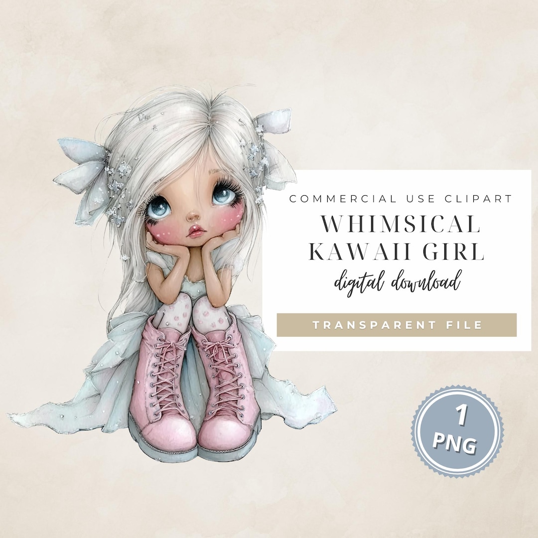 Whimsical Kawaii Girl Clipart | Quirky Moody Girl PNG for Scrapbooking ...