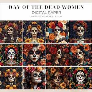 Tag der Toten Digitales Papier für Scrapbooking & Kunsthandwerk, mexikanische Kunst, Frauen Dia De Los Muertos, Junk Journals, Sugar Skulls, kommerzielle Nutzung