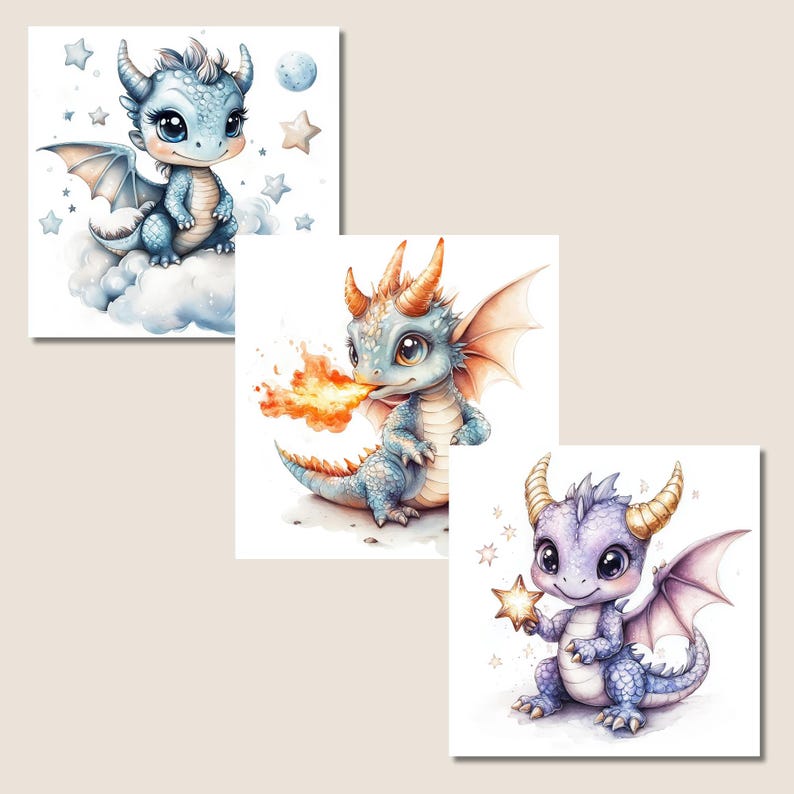 Watercolor Baby Dragon Clipart | Cute Fantasy Dragon Pngs for Nursery ...