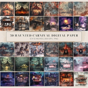 Papel digital de carnaval mal-assombrado - imprimível de Halloween, cavalos de carrossel, scrapbooking, diários, artesanato faça você mesmo, assustador, assustador, uso comercial