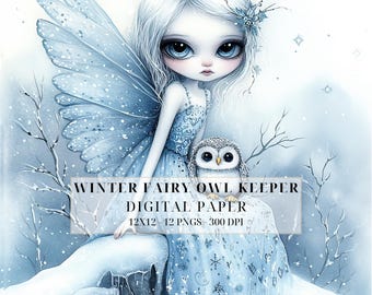 Puede incluir: Ilustración digital de un hada de invierno con grandes ojos azules, vestida con un vestido y alas azules, y sosteniendo un pequeño búho. La imagen tiene un tema invernal nevado con el texto "WINTER FAIRY OWL KEEPER DIGITAL PAPER".