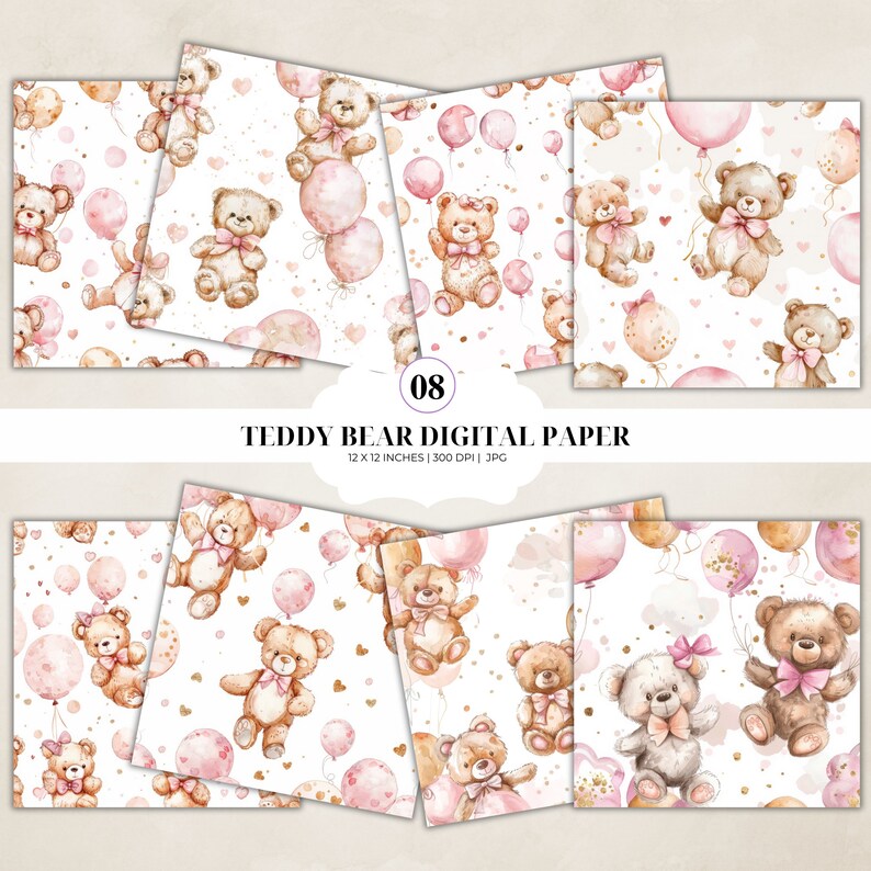 Pink Teddy Bear Pattern Paper Pack: Baby Girl, Commercial Use (digital ...