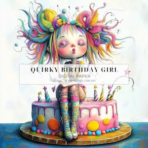 Clipart et papier numérique pour fille d'anniversaire excentrique | Filles aquarelles et gâteaux | Scrapbooking fantaisiste, fabrication de cartes, journaux indésirables, travaux manuels