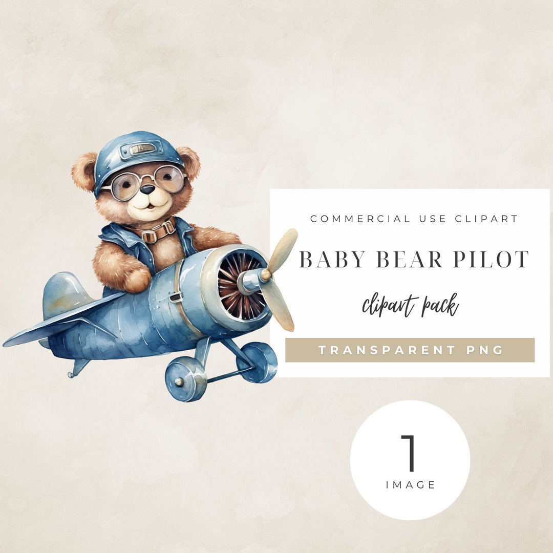 Baby Bear Aviator Clipart PNG | Watercolor Teddy Pilot for Nursery ...