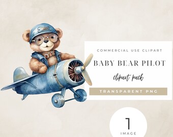 Baby Bear Aviator Clipart PNG | Watercolor Teddy Pilot for Nursery, Invitations & DIY Crafts