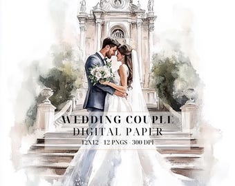 Conjunto PNG de pareja de novios en acuarela: imágenes prediseñadas románticas de novios para invitaciones, despedidas de soltera y manualidades.