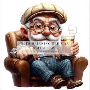 Bier trinkender alter Mann Clipart | Vintage Pub Charaktere PNG | Lustige Opa Kunst | Bar Wandkunst | Kartenherstellung, Junk Journals, DIY Crafts