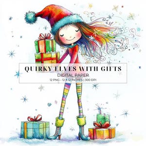 Quirky Christmas Elves With Gifts Clipart | Whimsical Girl Elves PNG | Festive Holiday Art for Scrapbooking, DIY Crafts, & Commercial Use