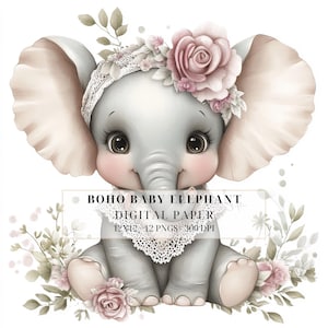 Arte de pared para habitación de bebé con elefante / Estampados florales de elefantes / Decoración de habitación de animales adorables / Regalo para baby shower / Descarga digital / Uso comercial
