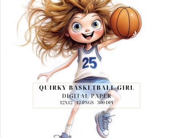 May include: A cartoon girl with long brown hair wearing a white basketball jersey with the number 25 on it, blue shorts, and blue sneakers. She is holding a basketball in her right hand and is jumping in the air. The background is white.