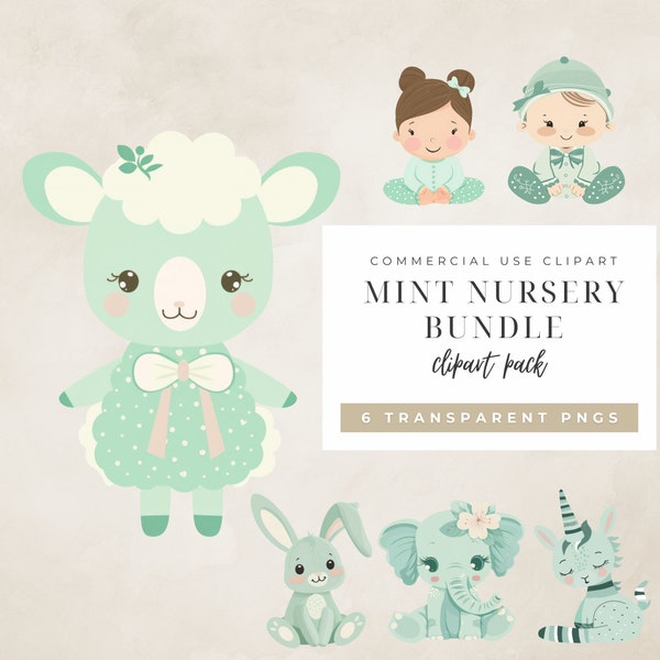 Mint Green Nursery Bundle, Mint Green Baby Clipart, Mint Green Digital Paper Pack, Mint Baby Shower, Mint Lamb, Mint Unicorn, Commercial Use