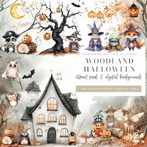 Pacote de clipart de Halloween de animais da floresta | Animais de aquarela assustadores e fofos | Cenas de outono, decoração de festa, arte de berçário | Uso comercial