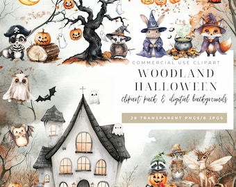 May include: A digital clipart pack featuring 28 watercolor illustrations of woodland creatures celebrating Halloween. The illustrations include a haunted house, a spooky tree, a witch's cauldron, a raccoon, a fox, a rabbit, a deer, an owl, a ghost, and pumpkins. The text "COMMERCIAL USE CLIPART WOODLAND HALLOWEEN clipart pack & digital backgrounds 28 TRANSPARENT PNGS/8 JPGS" is included in the image.