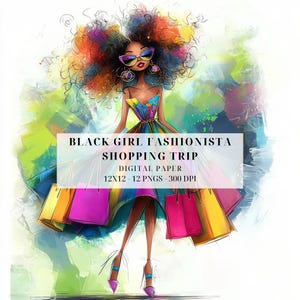 Black Girl Magic Shopping Clipart | Black Girl Fashion PNG | Fashionista PNG | for DIY Crafts, Junk Journals, Card Making, Commercial Use