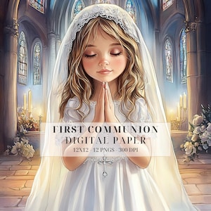 Heilige Kommunion Clipart | 1.Kommunion Mädchen PNG | Rosenkranz betendes Mädchen | Aquarell Christliche Kunst, Einladungen, Scrapbooking, kommerzielle Nutzung