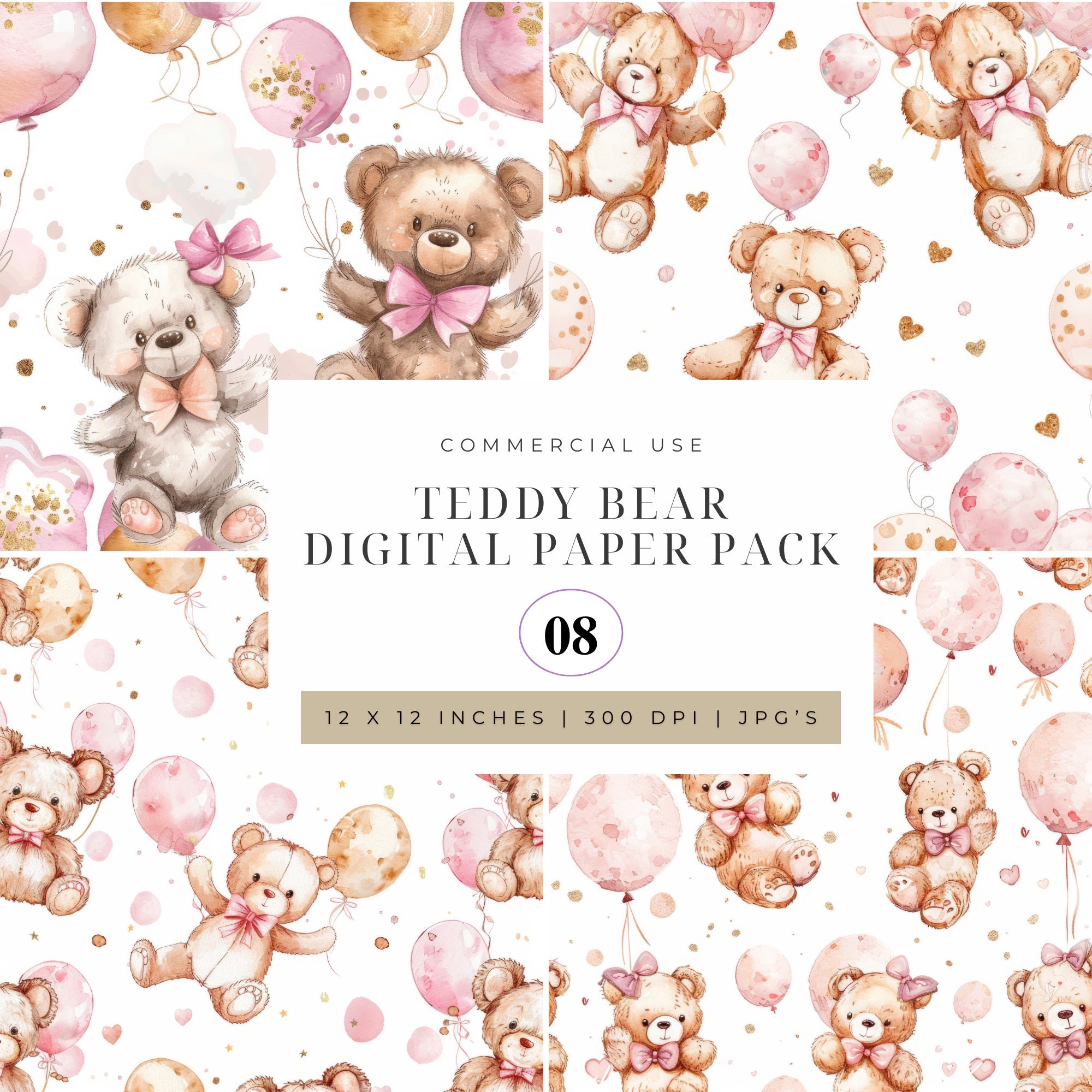 Pink Teddy Bear Pattern Paper Pack: Baby Girl, Commercial Use (digital ...