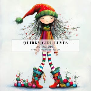 Whimsical Christmas Elf Clipart | Quirky Girl Elves PNG | Fantasy Holiday Art for Scrapbooking, Junk Journals, DIY Crafts,  Commercial Use