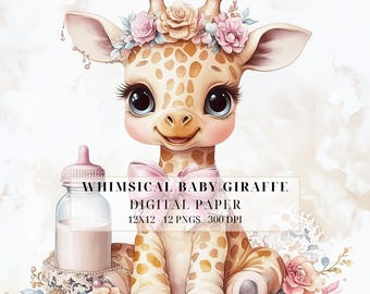 Set di clipart di baby giraffa / PNG di cuccioli di animali boho per decorazioni per la cameretta dei bambini, inviti per baby shower e lavoretti fai da te