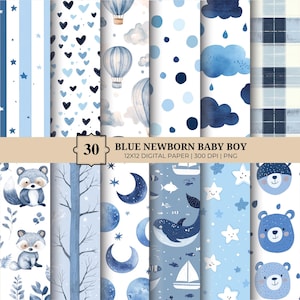 Blue Newborn Baby Boy Digital Paper, Printable Nursery Ephemera, Baby Shower Scrapbook Pages, Card Making, Digital Download, Commercial Use
