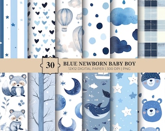 Pacchetto di carta digitale per neonato blu / Pagine di album per la cameretta dei bambini e stampabili per baby shower