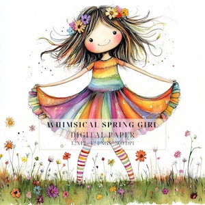 Clipart fille printemps aquarelle | Jolie fille florale fantaisiste PNG pour scrapbooking, fabrication de cartes, décoration murale et travaux manuels | Utilisation commerciale