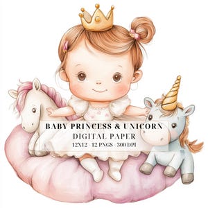 Clipart de unicornio princesa bebé en acuarela / PNG de niña peculiar / Decoración de guardería, baby shower, álbumes de recortes, manualidades, uso comercial
