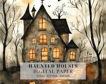 Spooky Watercolor Haunted House Clipart | Autumn Halloween Digital Images (PNG)