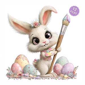 Puede incluir: Ilustración de un conejito de Pascua blanco sosteniendo un pincel y una paleta, rodeado de huevos de Pascua decorados. El conejito lleva una corona de flores y un collar floral. La imagen incluye el texto "12 FILES" en un círculo morado.