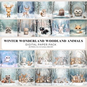 Papier numérique Winter Wonderland Woodland Animals | Animaux de la forêt enneigés à l'aquarelle | Bricolage, scrapbooking, fabrication de cartes, utilisation commerciale