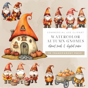 Cozy Autumn Gnome Watercolor Clipart: Rustic Harvest PNGs for Fall Scrapbooking & DIY Craft