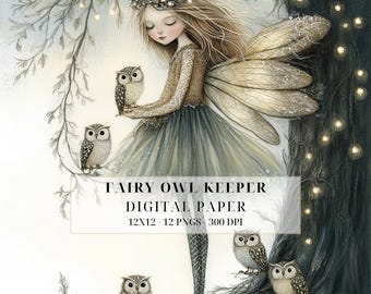 Puede incluir: Impresión de arte digital que presenta un hada con búhos, alas y una corona, en un estilo suave de acuarela. El hada lleva un vestido fluido. La imagen tiene una calidad onírica y etérea. El texto en la imagen dice "FAIRY OWL KEEPER DIGITAL PAPER 12X12 - 12 PNGS - 300 DPI."